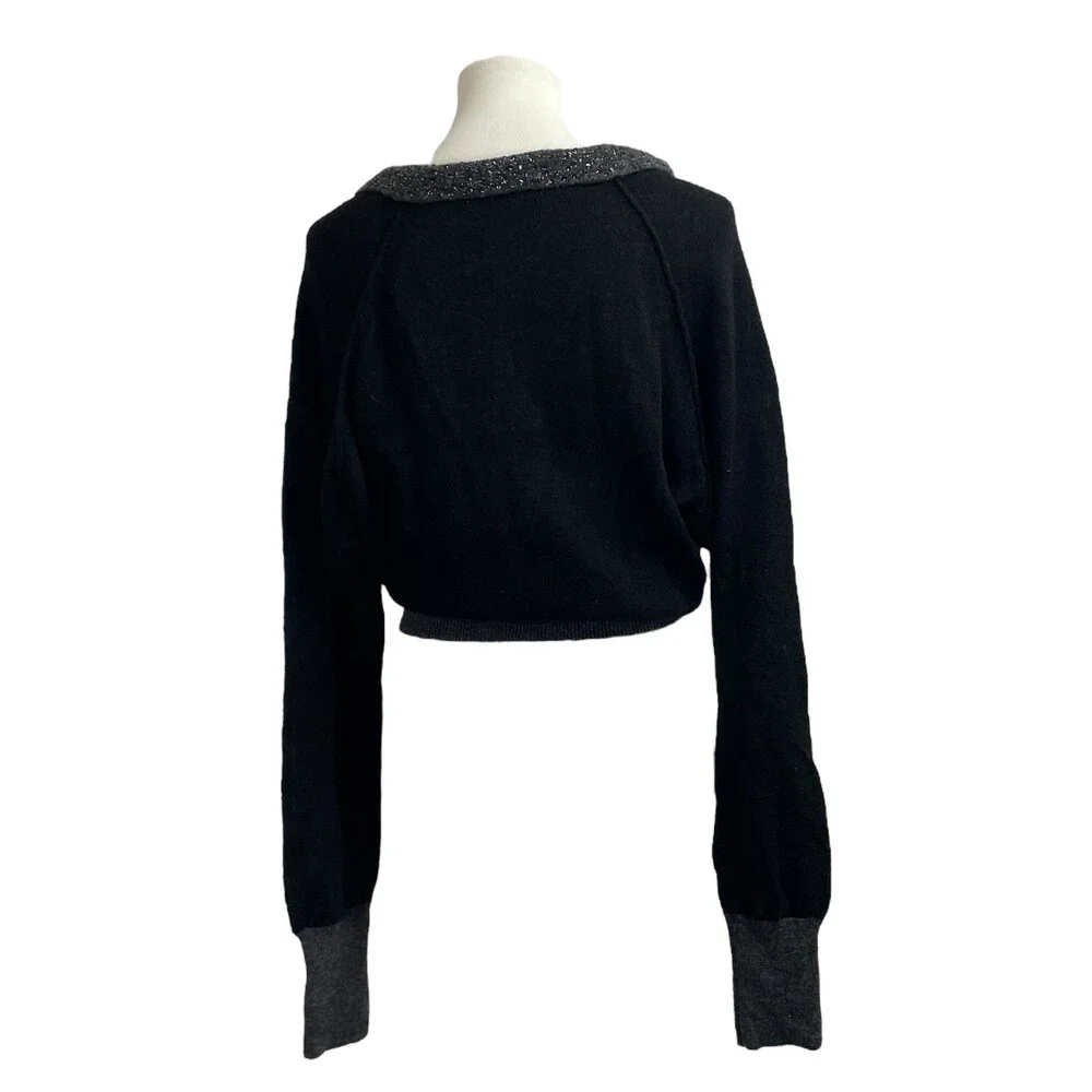 Free People Deep V Neck Sweater. Large. Wool Blend slouchy grey gray black shiny